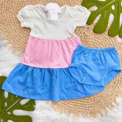 Vestido Três Marias com Tapa Fralda - Off White, Rosa e Azul